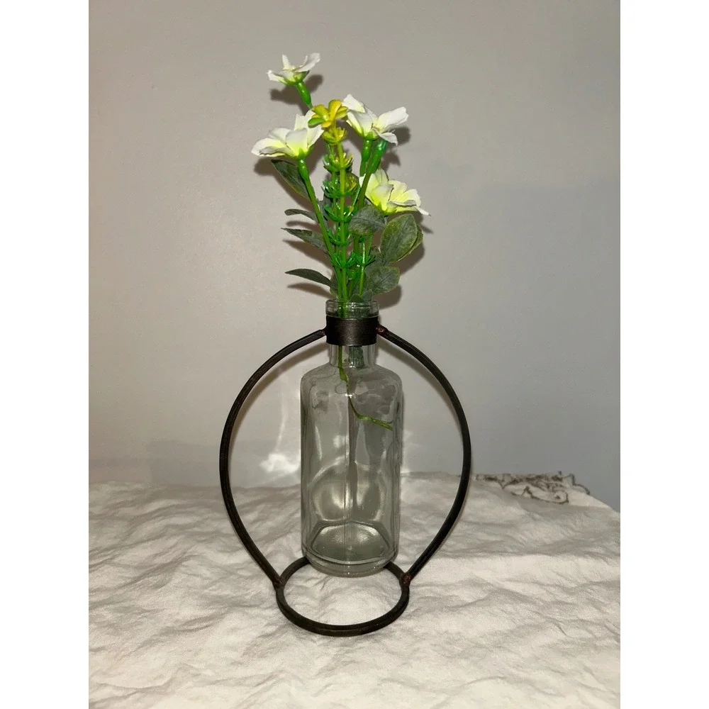 Modern Industrial Glass Bud Vase with Circular Black Metal Frame Stand 6.5 Inch